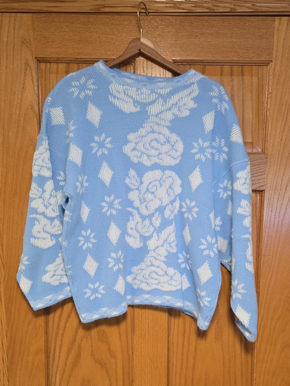 Light Blue Floral & Diamond Pattern Women's Sweater